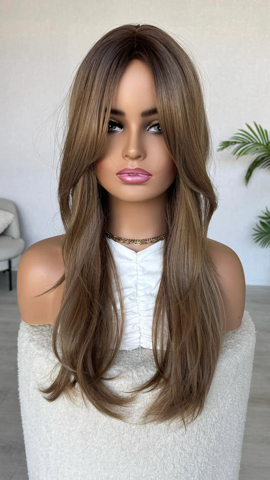 synthetic wig, blonde ombre with layers.