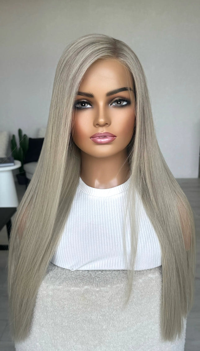 human hair lace front australia. platinum blonde long hair wig, side part, changable part, heat safe.