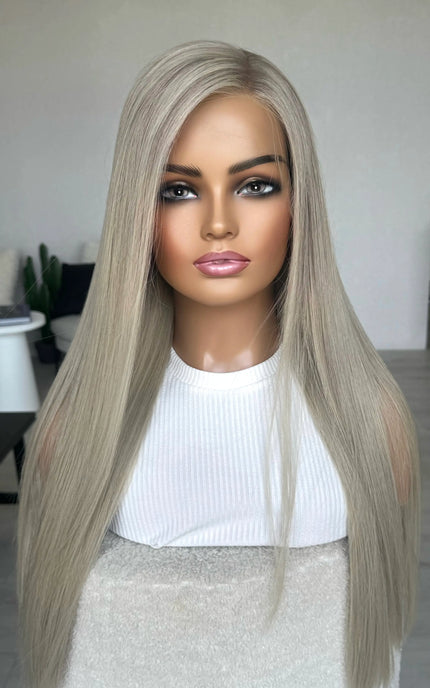human hair lace front australia. platinum blonde long hair wig, side part, changable part, heat safe.