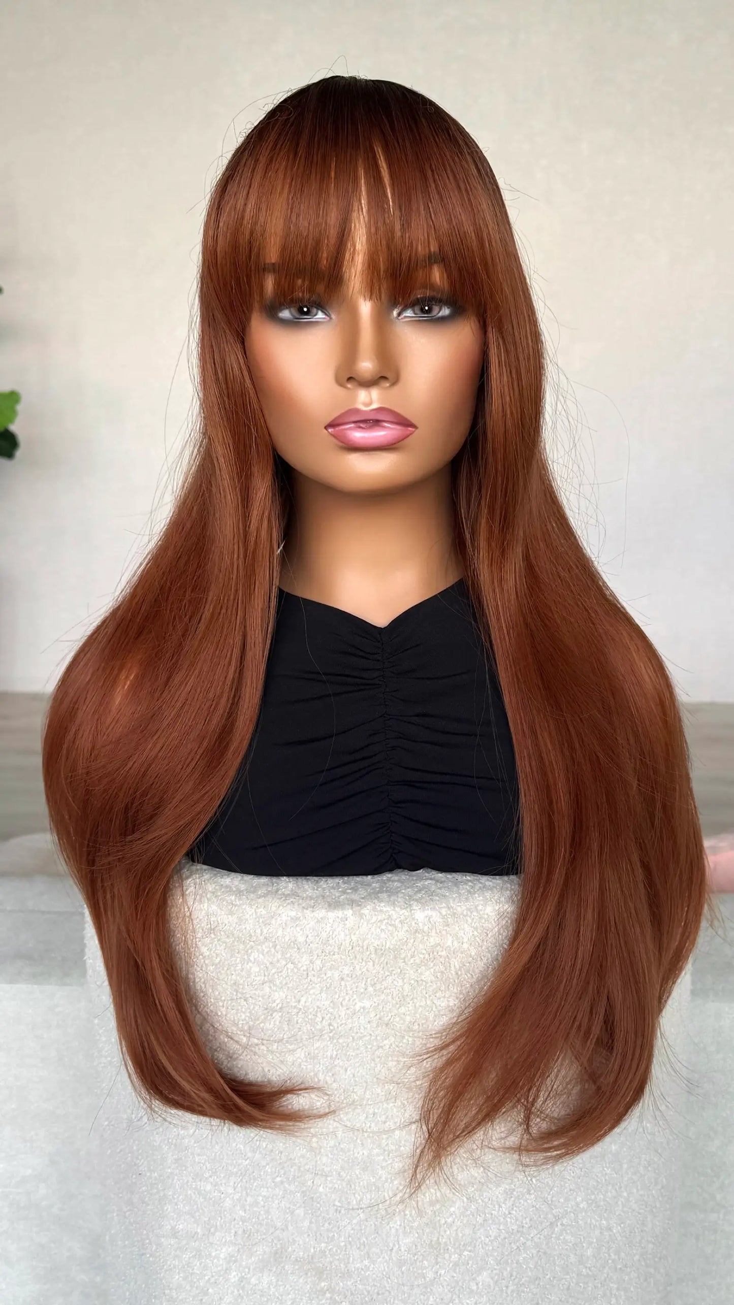 long copper hair, with dark root wig. from on view fringe. 