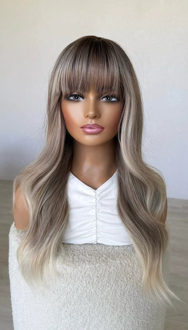ash blonde long hair topper, middle part with fringe