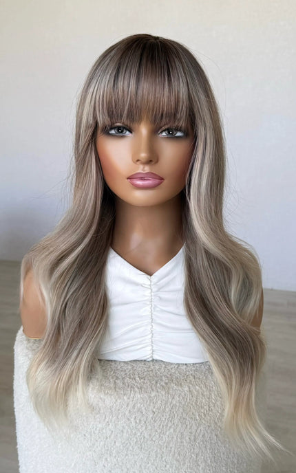 ash blonde long hair topper, middle part with fringe