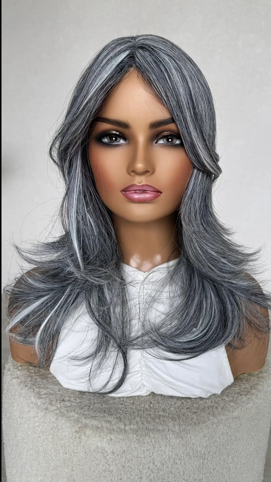 salt and pepper curtain bang wig, heat safe fiber. layered wig