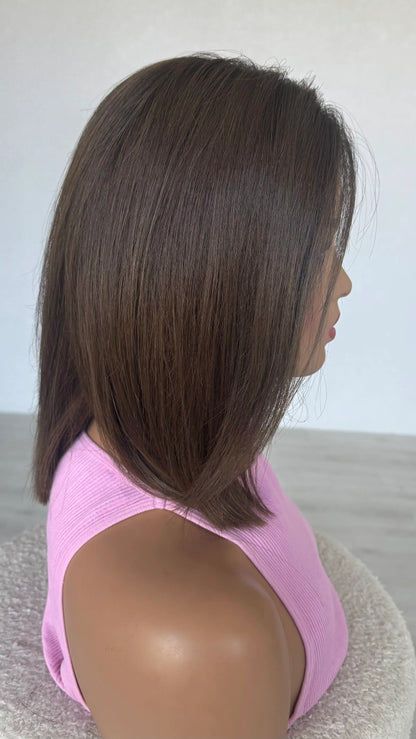 SALE- 14 INCH - DARK BRUNETTE LONG BOB - HUMAN HAIR LACE FRONT WIG