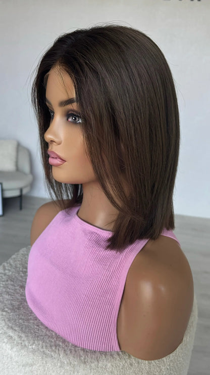 SALE- 14 INCH - DARK BRUNETTE LONG BOB - HUMAN HAIR LACE FRONT WIG