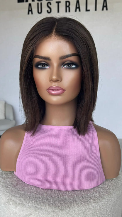SALE- 14 INCH - DARK BRUNETTE LONG BOB - HUMAN HAIR LACE FRONT WIG