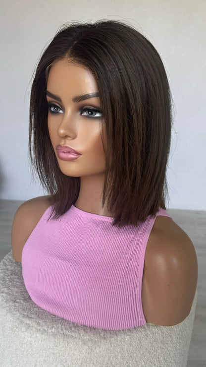 SALE- 14 INCH - DARK BRUNETTE LONG BOB - HUMAN HAIR LACE FRONT WIG