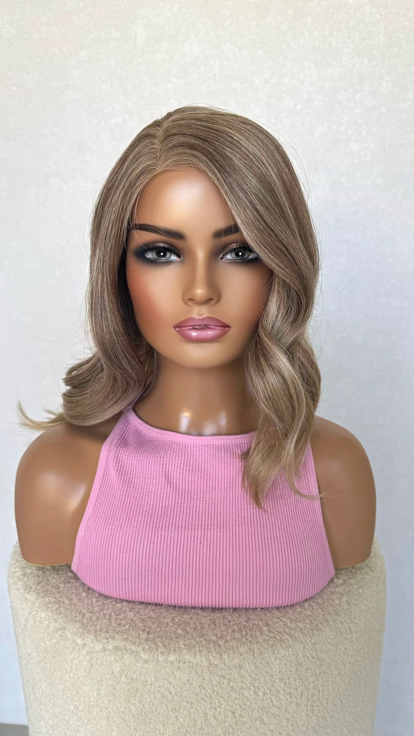 sandy blonde lacefront wig with side part, half hair back, heat safe, glueless wigs australia