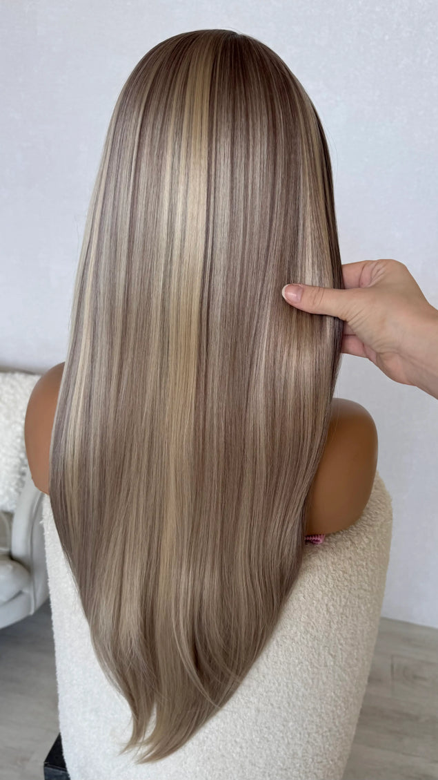 silver lining back view long ash blonde hair lacefront.