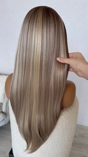silver lining back view long ash blonde hair lacefront.