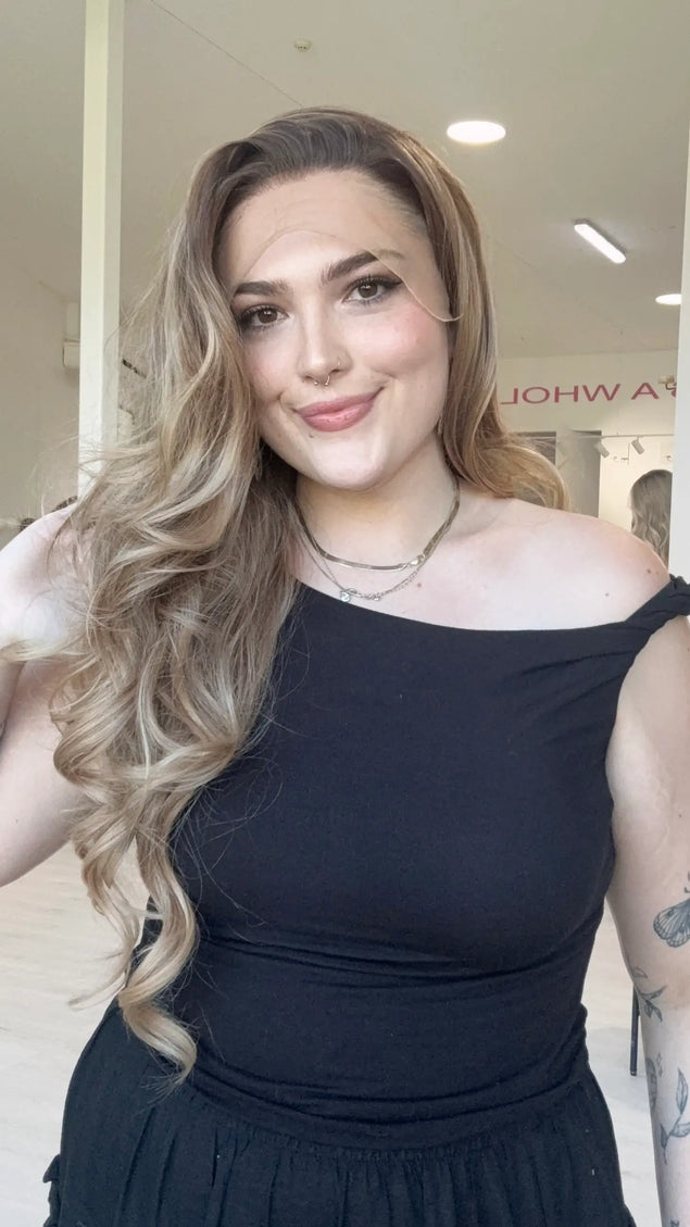heat safe glueless wig, long length hair with changeable parting, darker root to soft light brown ends, australia, gold coast wigs.