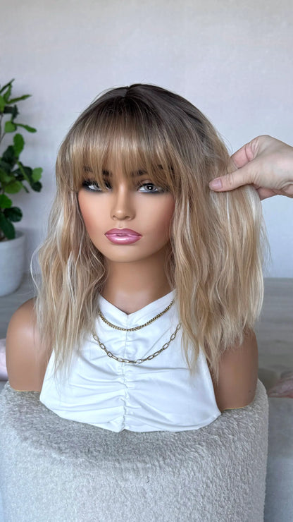 heat safe synthetic wig with fringe, dark root with mixed blonde hair, heat safe hair.