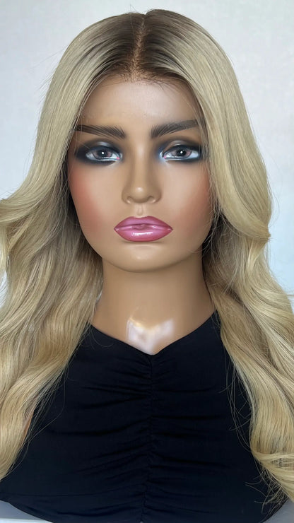 Golden Blonde With Shadow Root – 22" Human Hair Lace Front Wig - Colour: Alexandra