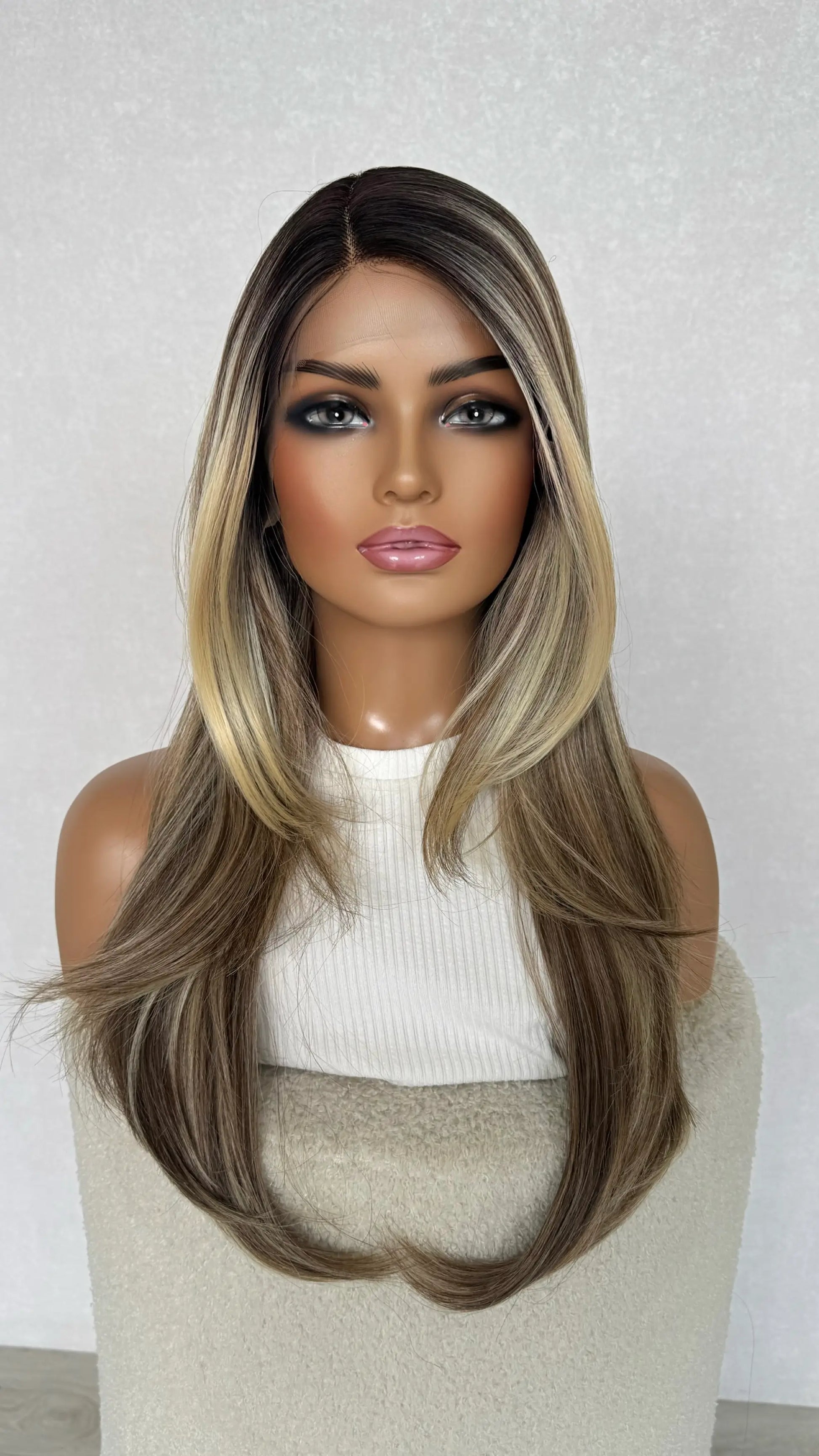 t-part lacefront wig, darker root to dimensional blonde wig.