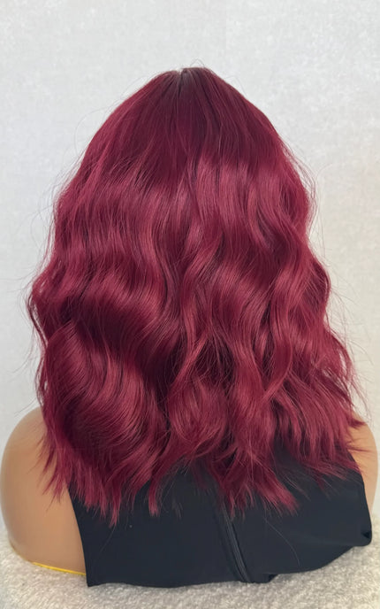 deep red wavy hair wig with soft fringe, heat safe synthetic wig australia.