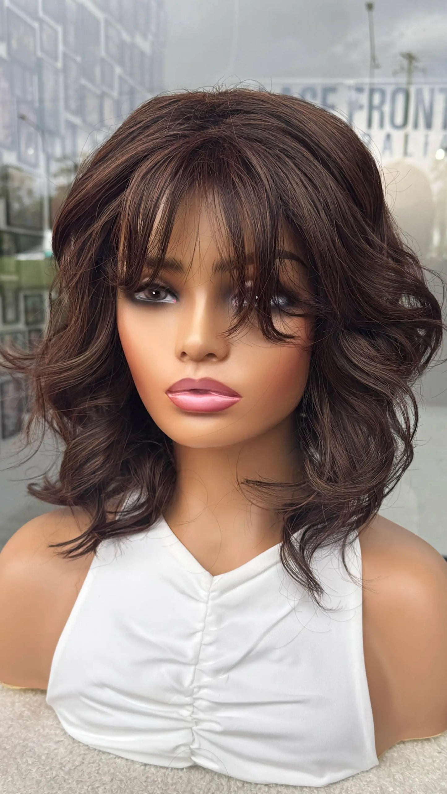 Dark Warm Brunette With Copper Highlights, volume synthetic wig.
