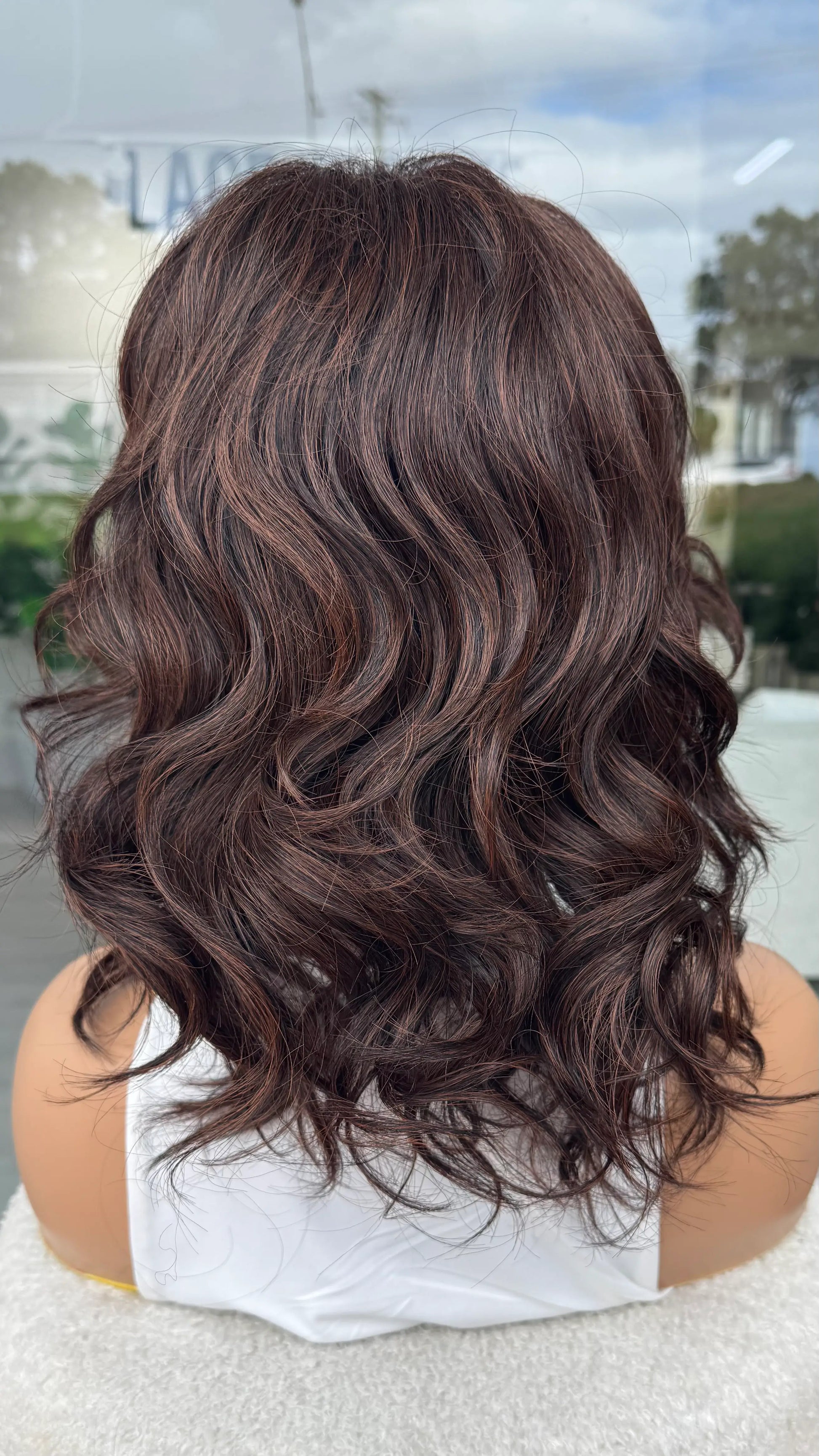 Dark Warm Brunette With Copper Highlights- Volume Synthetic Wig- Gingernut, from the back, curly hair.