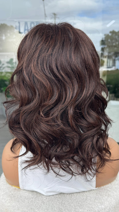 Dark Warm Brunette With Copper Highlights- Volume Synthetic Wig- Gingernut, from the back, curly hair.