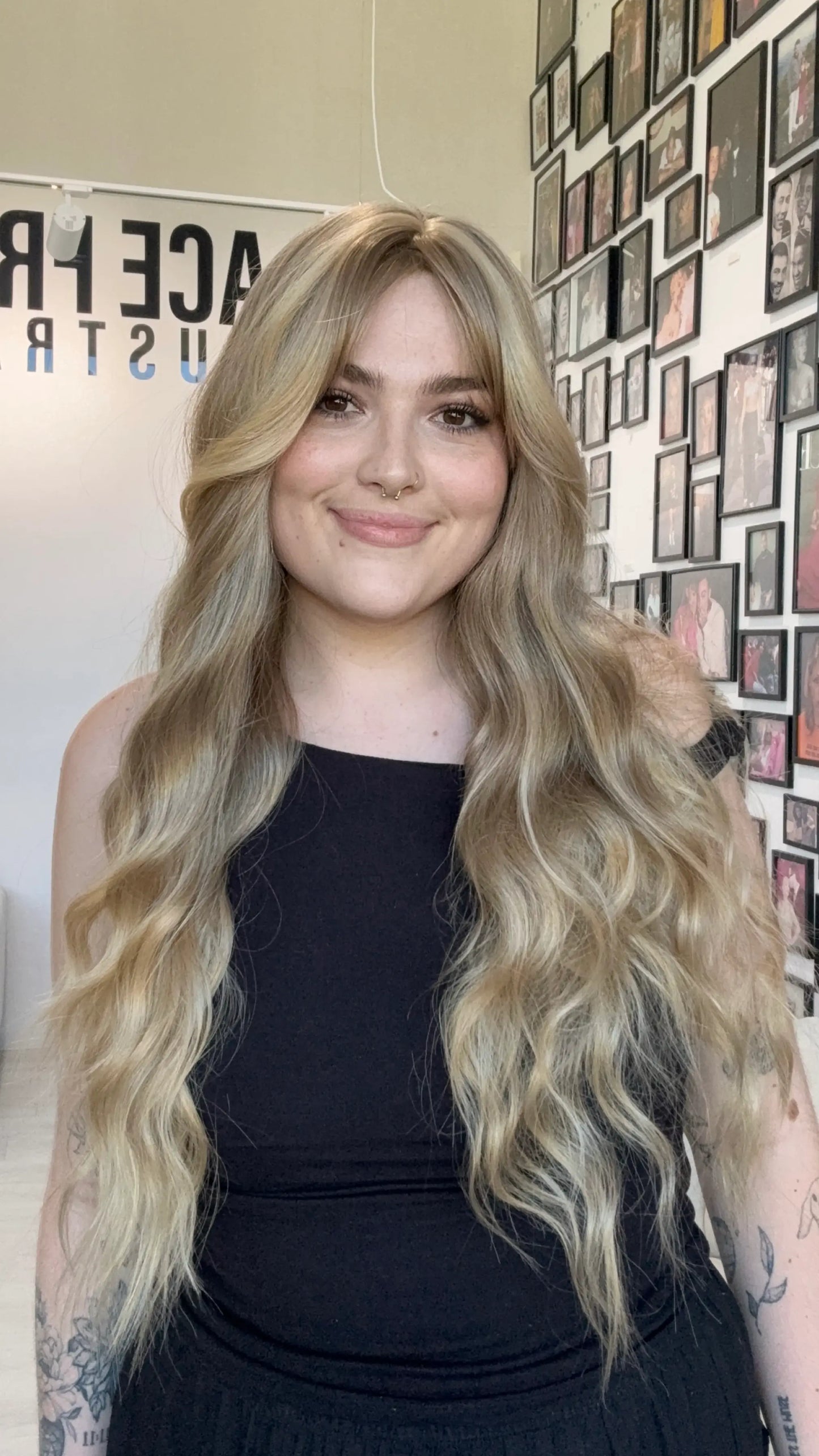 long wavy hair blonde synthetic topper, middle part with fringe.