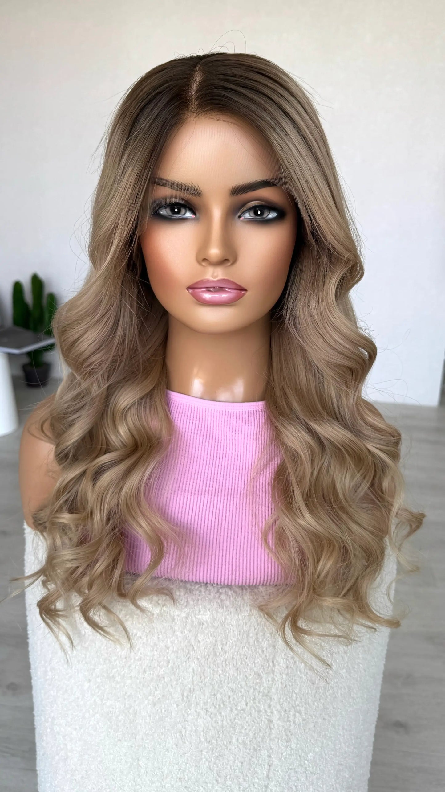curled blonde hair with root, lacefront human hair wig australia.