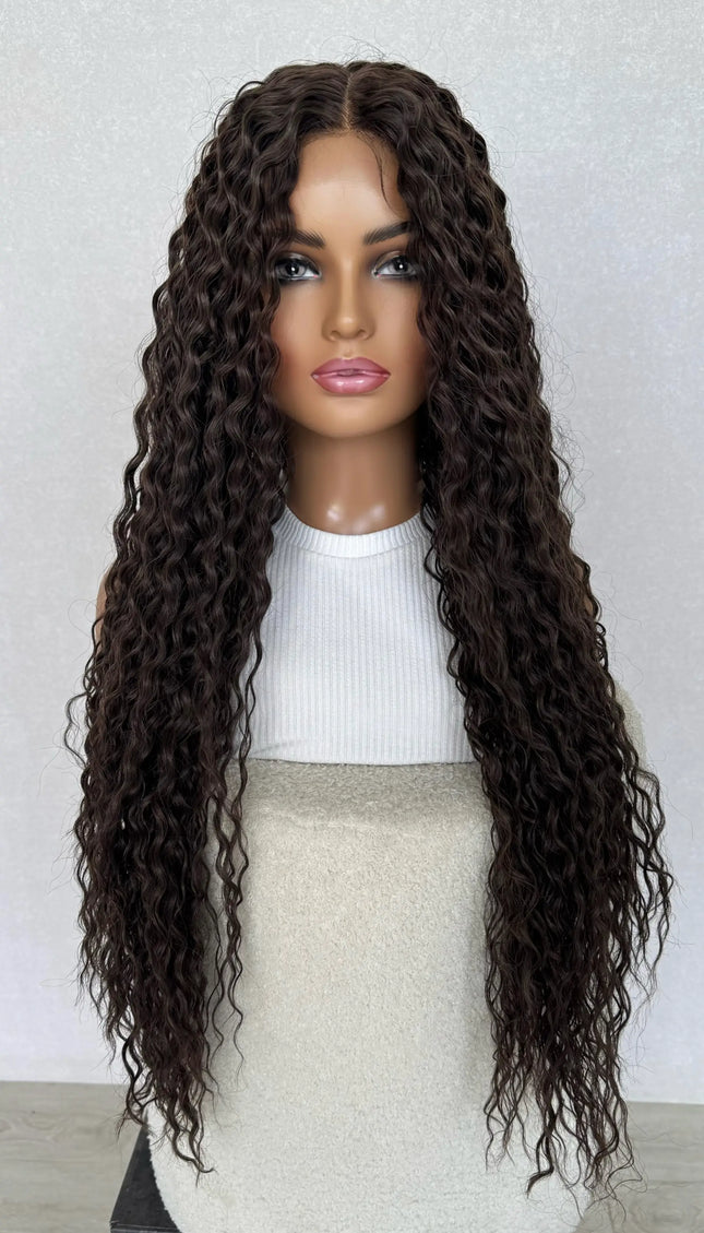long curly brown hair lacefront wig australia, heat safe glueless synthetic wig.