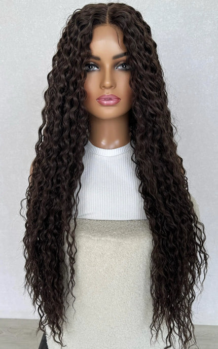 long curly brown hair lacefront wig australia, heat safe glueless synthetic wig.