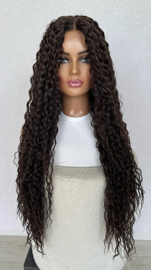 long curly brown hair lacefront wig australia, heat safe glueless synthetic wig.