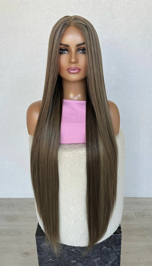 long mushroom brown lacefront wig australia, heat safe synthetic hair.
