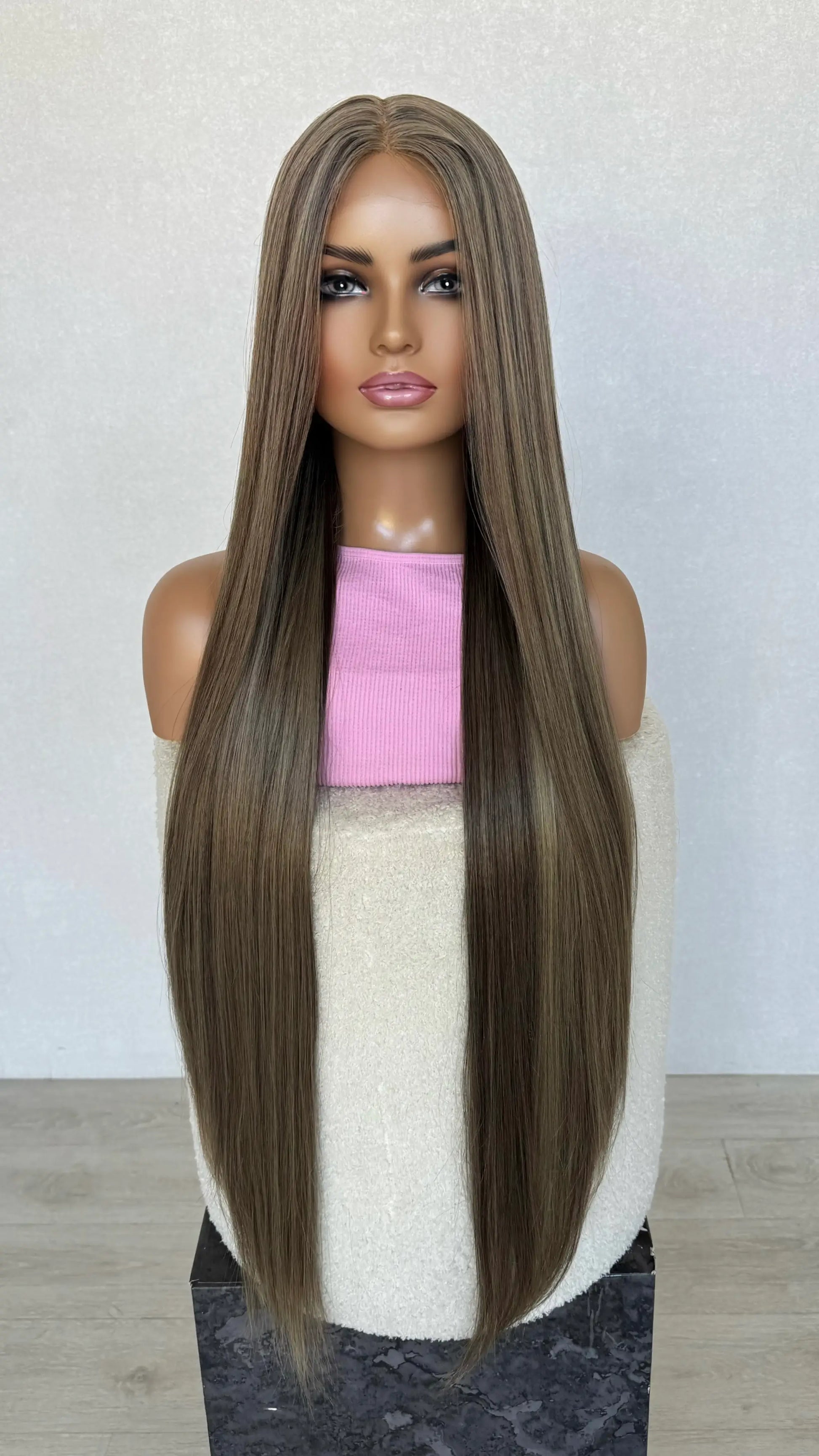 long mushroom brown lacefront wig australia, heat safe synthetic hair.