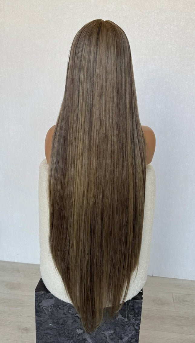 long length mushroom brown hair, from behind view, long wigs australia, heat safe, glueless synthetic wigs.