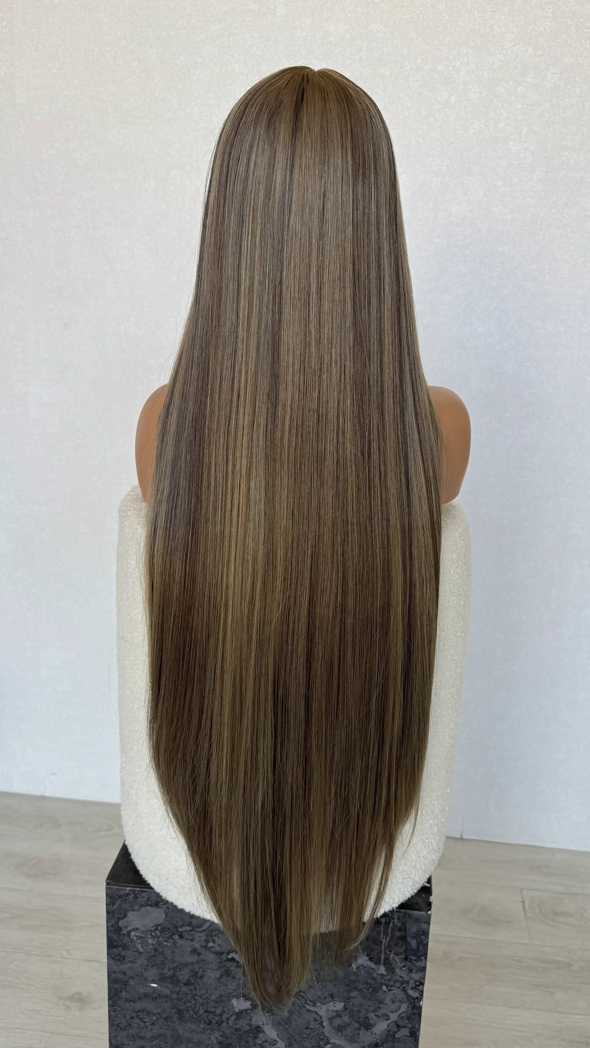 long length mushroom brown hair, from behind view, long wigs australia, heat safe, glueless synthetic wigs.