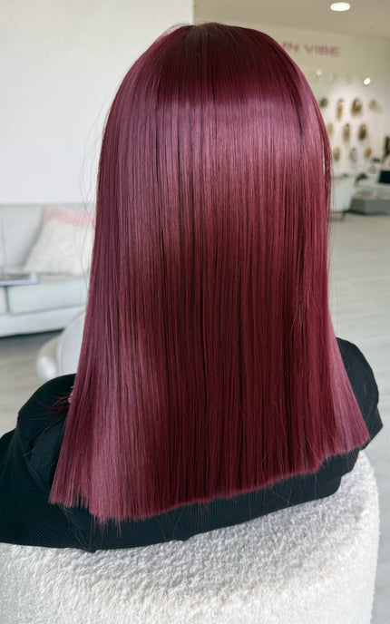 a glueless red hair synthetic wig, long bob length for hairloss.