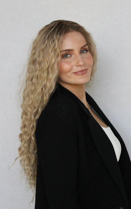 long blonde hair with darker root, curly hair lacefront wig, heat safe hair.