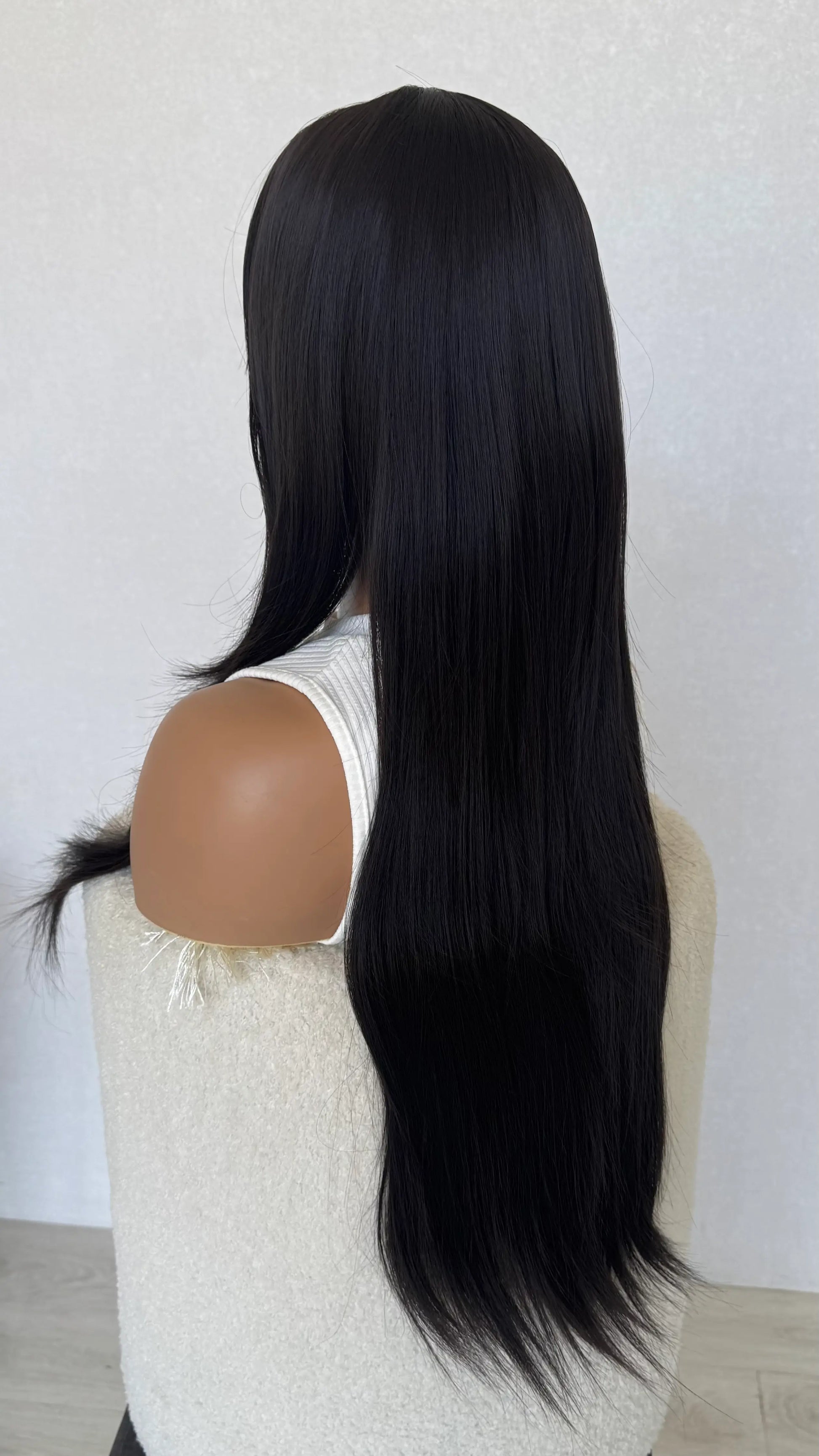 long brunette hair, layered, synthetic glueless wig.
