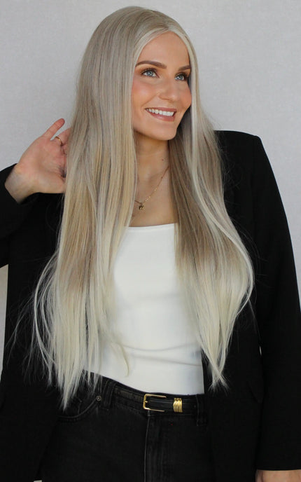 heat safe hair synthetic wig, middle part, white blonde hair.