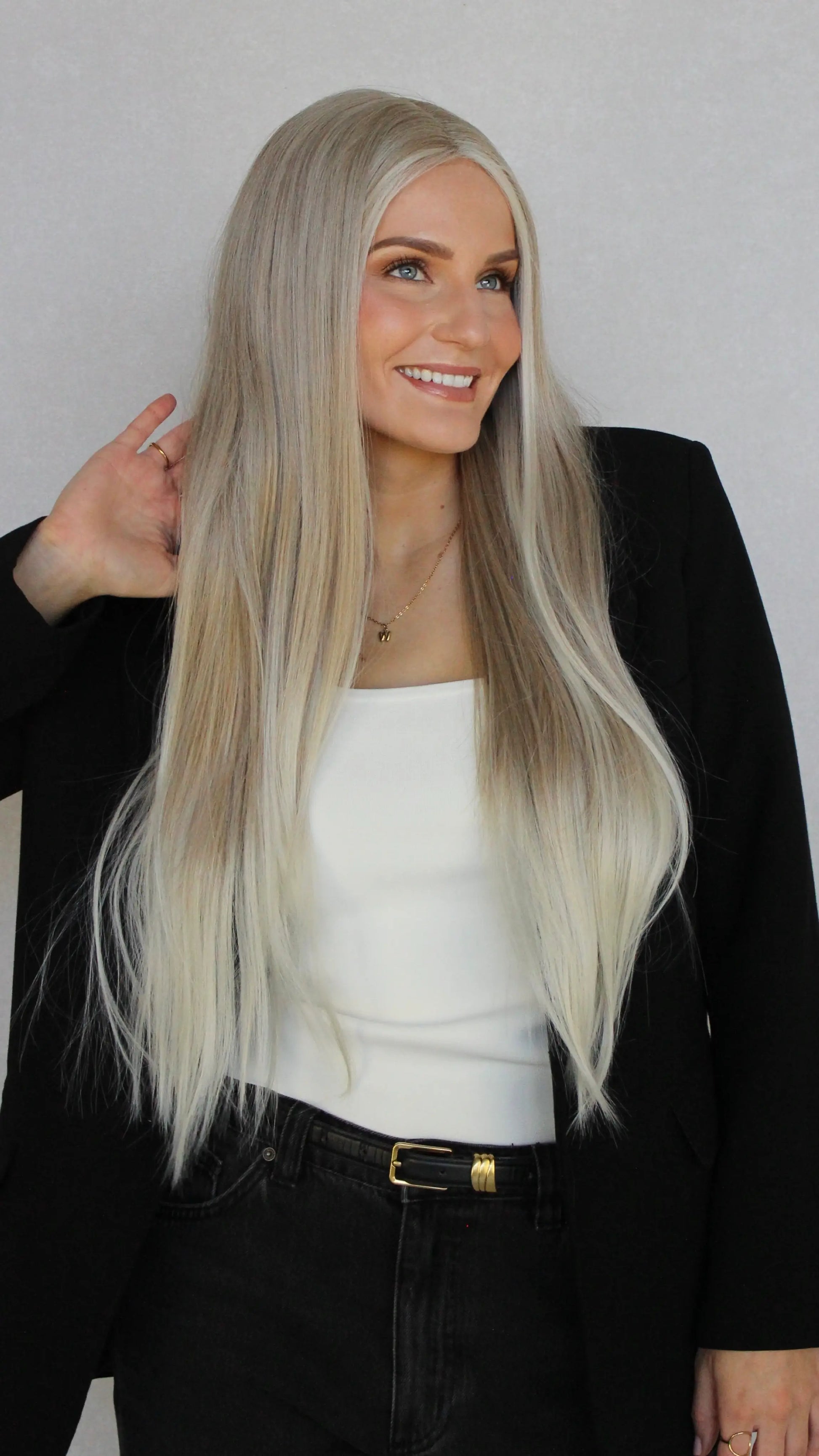 heat safe hair synthetic wig, middle part, white blonde hair.