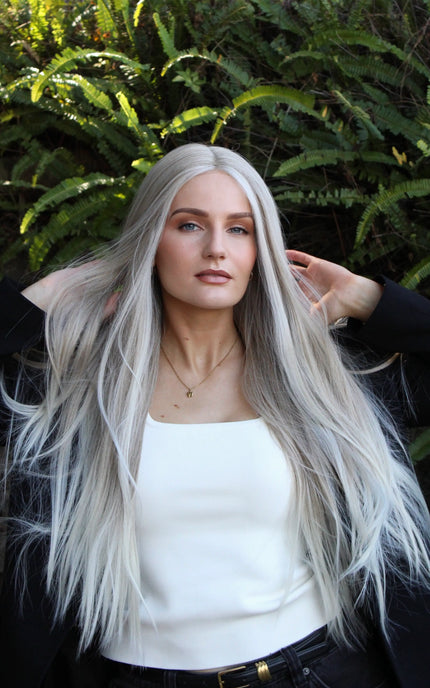 platinum white blonde lacefront wig, long length hair, heat safe.