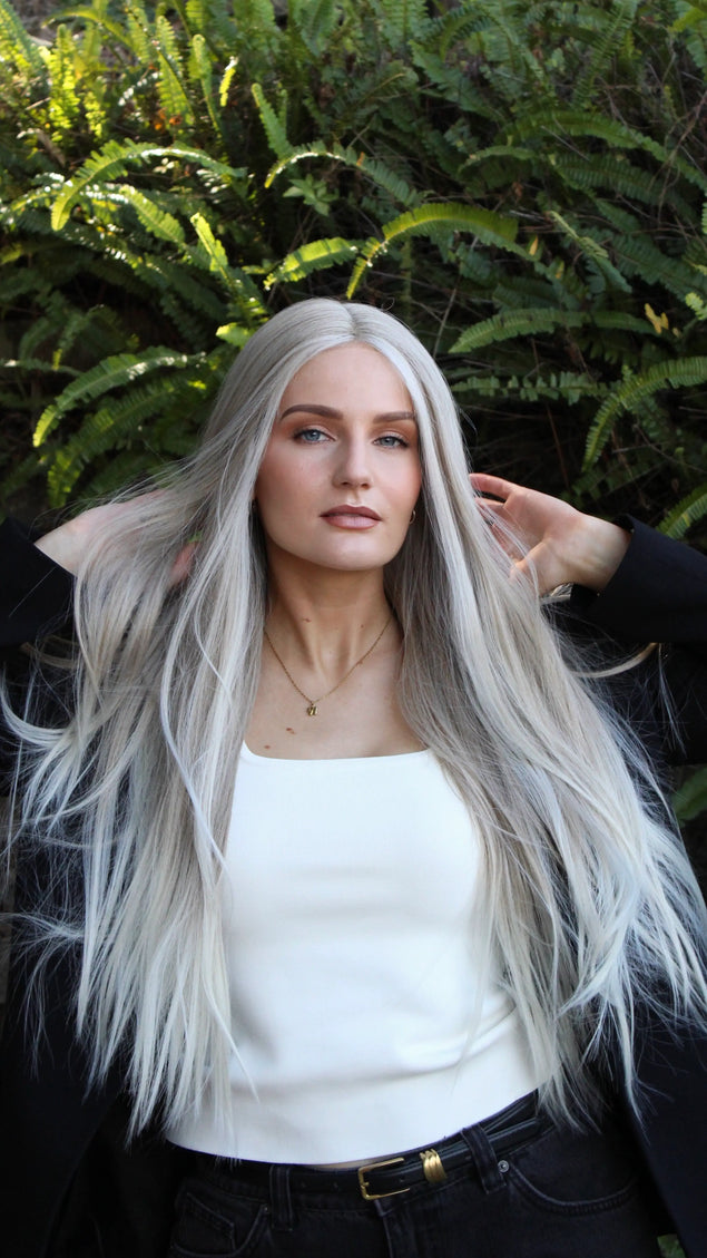 platinum white blonde lacefront wig, long length hair, heat safe.