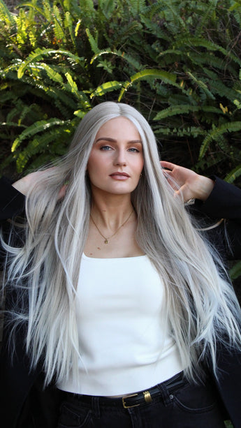 platinum white blonde lacefront wig, long length hair, heat safe.
