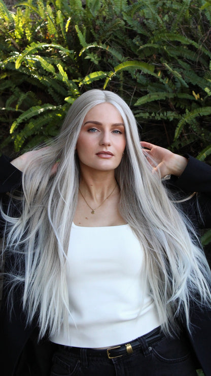 platinum white blonde lacefront wig, long length hair, heat safe.