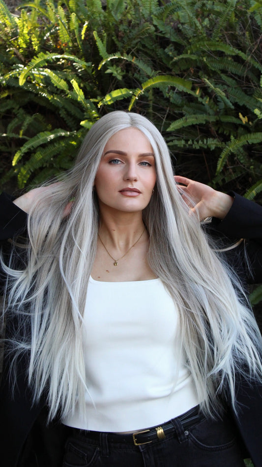 platinum white blonde lacefront wig, long length hair, heat safe.