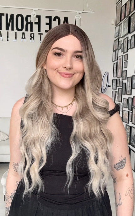 heat safe synthetic wig australia, ash ombre colour, long wavy hair, gold coast australia.