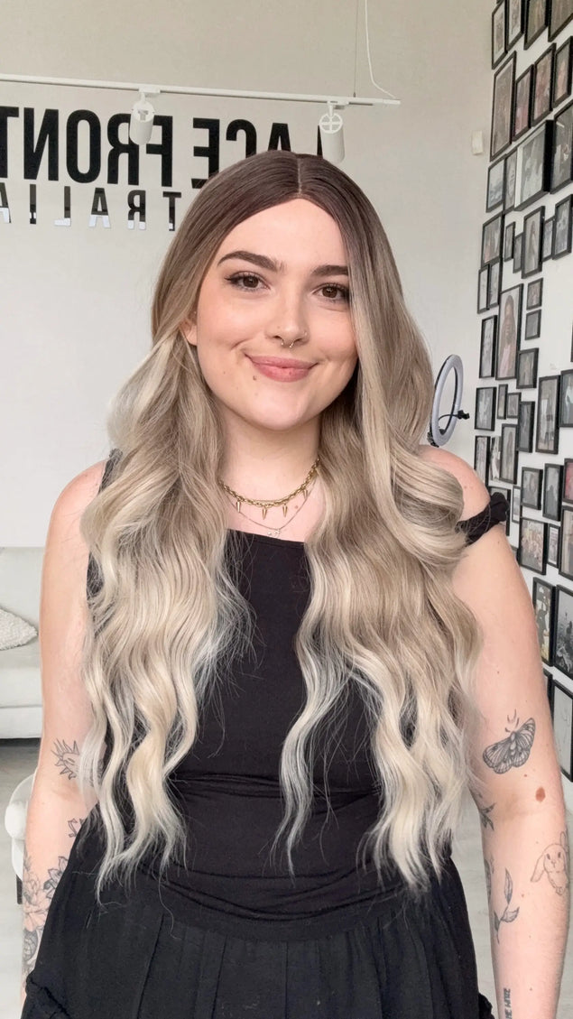 heat safe synthetic wig australia, ash ombre colour, long wavy hair, gold coast australia.