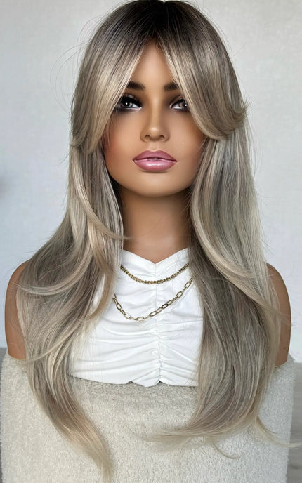 ash blonde with darker root and curtain bangs synthetic wig australia.