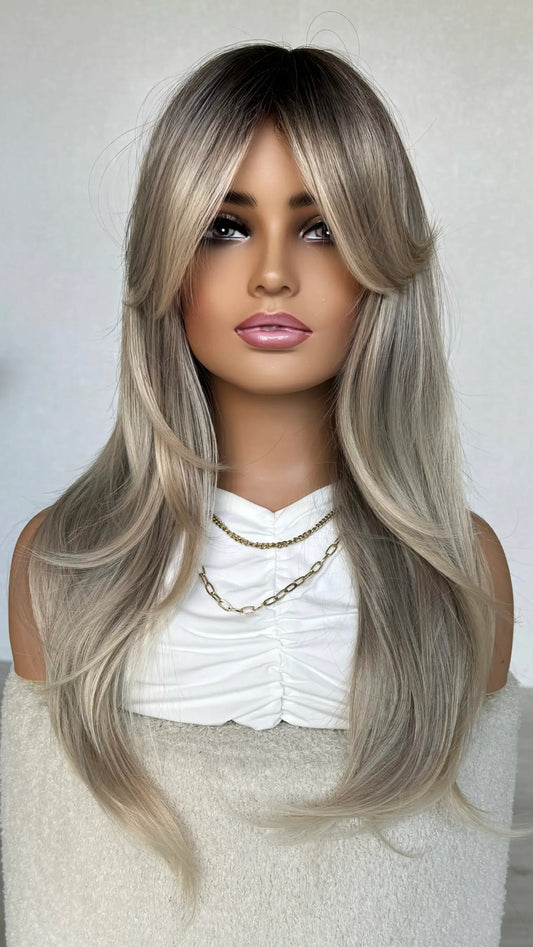 ash blonde with darker root and curtain bangs synthetic wig australia.
