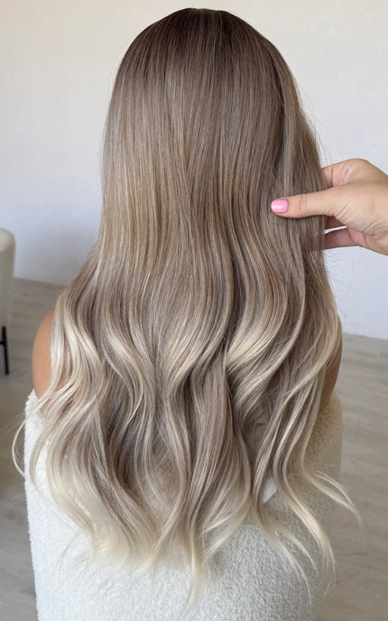 ash blonde hair from back long hair heat safe topper