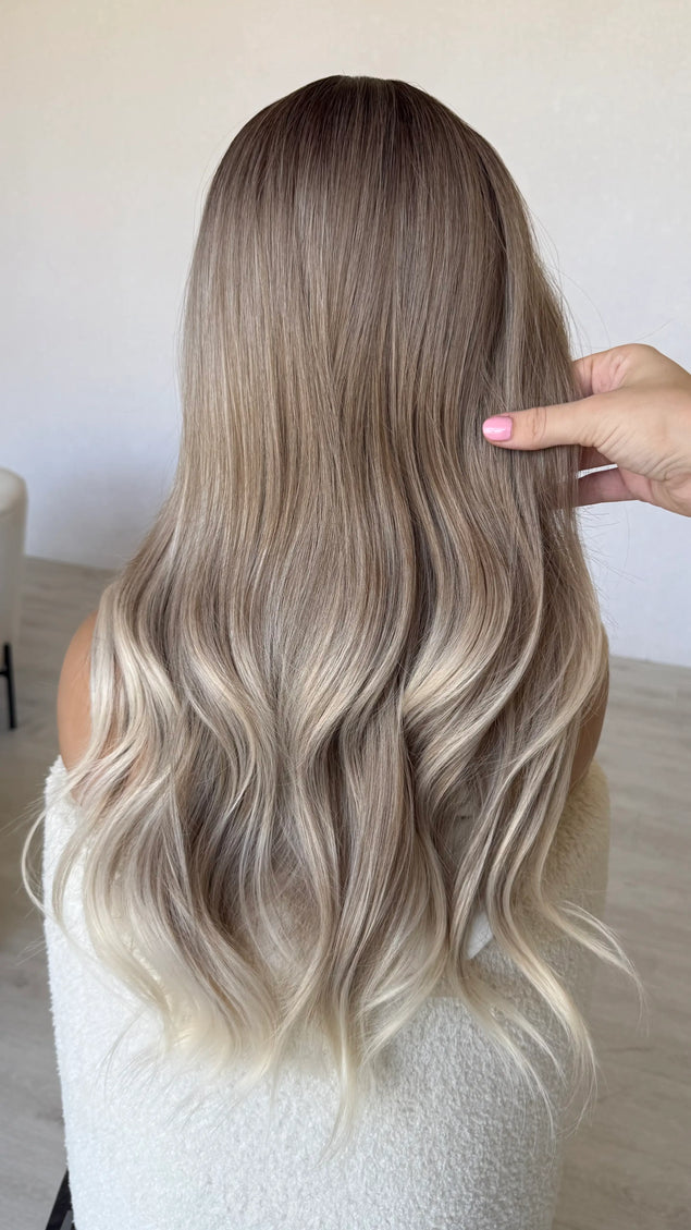 ash blonde hair from back long hair heat safe topper