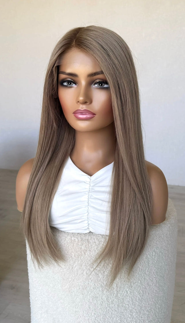 lace front wig, ash blonde hair middle part, straight hair wig.