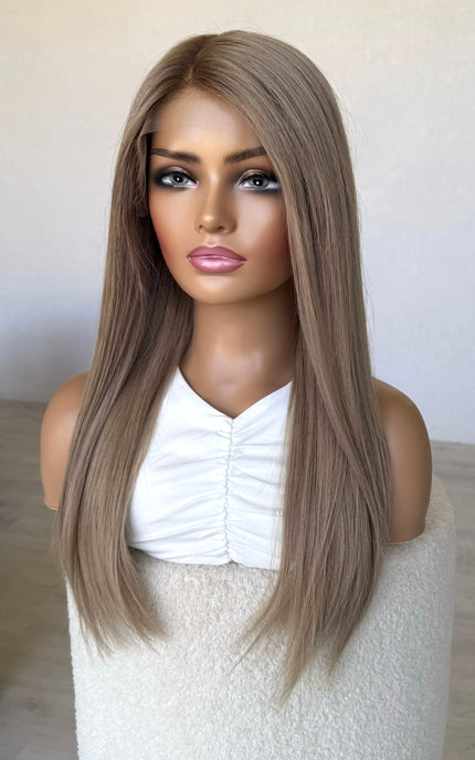 lace front wig, ash blonde hair middle part, straight hair wig.