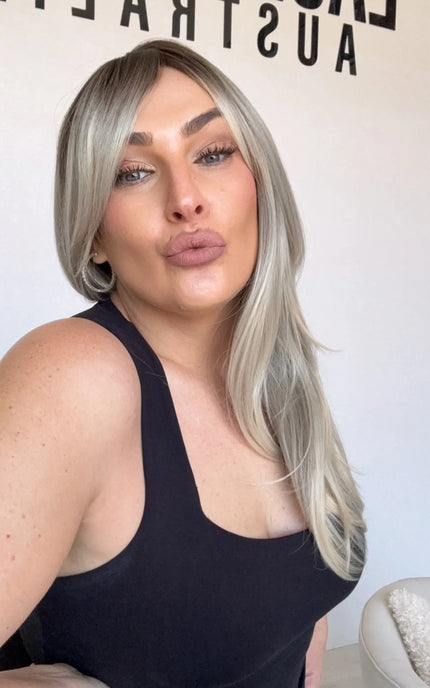 ash blonde ombre synthetic wig australia, heat safe hair with middle part and curtain bangs.